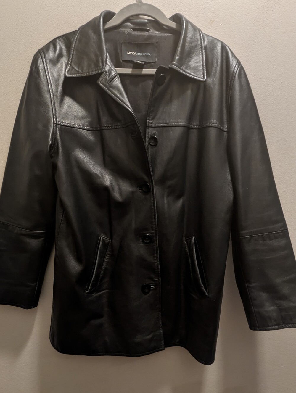 Moda International Women's Black Leather Button-Front Jacket with Notched Collar